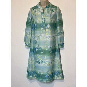 Vtg 70s Leslie Pomer Green Blue Shift Dress S/M House Dress Hostess